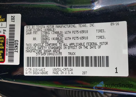 2017 Toyota Tundra Limited 5.7L V8 from USA, damaged, VIN 5TFSW5F18HX213155